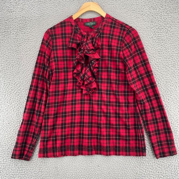 Lauren Ralph Lauren Top Womens Large Petite Red Plaid Ruffle Front Long Sleeve - Picture 1 of 9
